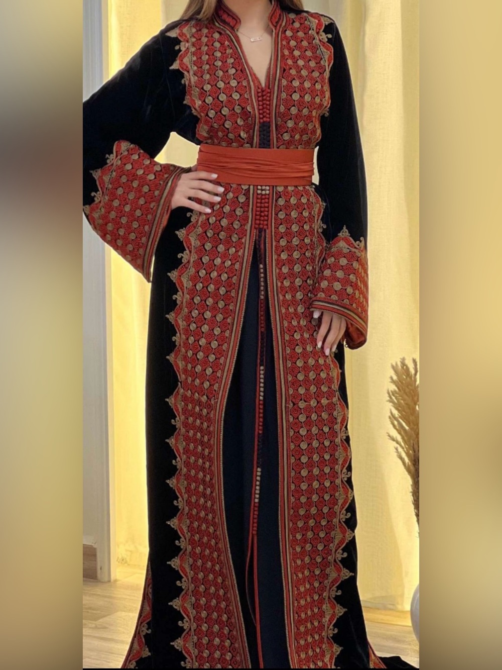 Black Velvet Kaftan with Red and Gold Embroidery